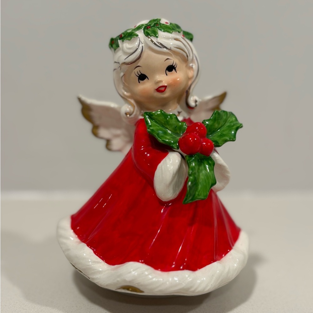 Vintage Holly Angel Music Box White Christmas Midcentury Made in Japan